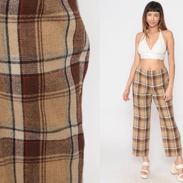 Plaid Wool Trousers 60s Tan Brown High Waisted Straight Leg Pants 1960s Trousers Orange Cream High Waisted Vintage Large L 