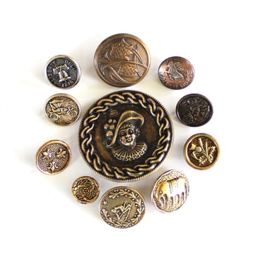 11 Antique Vintage Metal Picture Button Collection - Victorian Edwardian Pressed and Tinted Brass Mixed Metal 