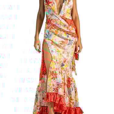 Morphew Atelier Red  Amber Bias Cut Japanese Kimono Silk Hands-Printed Gown With Pearl Straps 