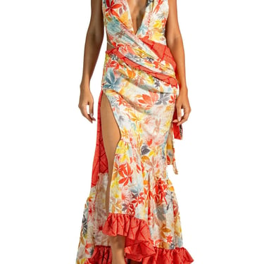 Morphew Atelier Red  Amber Bias Cut Japanese Kimono Silk Hands-Printed Gown With Pearl Straps 