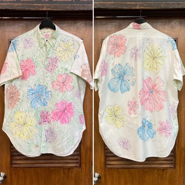 Vintage 1960’s Custom Artwork Tiki Floral Mod Cotton Hawaiian Brooks Brothers Shirt, 60’s Vintage Clothing 