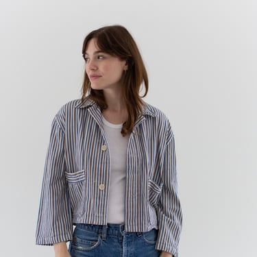 Vintage Brown Blue Flannel Striped Crop Shirt Jacket | Unisex Stripe Cotton Pajama Chore | L | SCJ003 