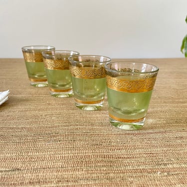 Vintage Culver Starlyte Green and Gold Shot Glasses - Set of Four - Barware 
