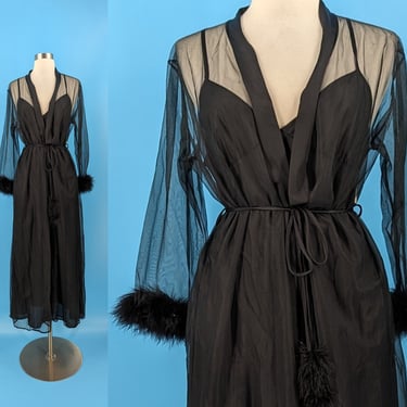 Seventies Black Negligee Nightgown Set with Boa Feather Trim - 70s Medium Slip and Robe Set 