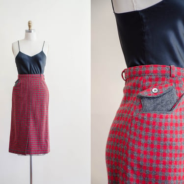 red plaid wool skirt | 50s vintage red gray checkered dark academia wool pencil skirt 