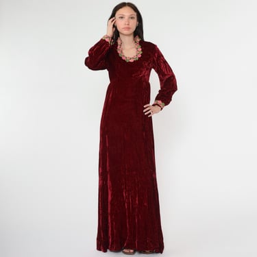 Vintage Velvet Maxi Dress 70s Red Boho Gown Party Lace Empire Waist Bohemian Formal Evening Dress 1970s Prom Long Sleeve Small S 