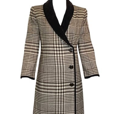 Valentino Late 70s Brown and Ivory Houndstooth Wool Coat with Velvet Trim