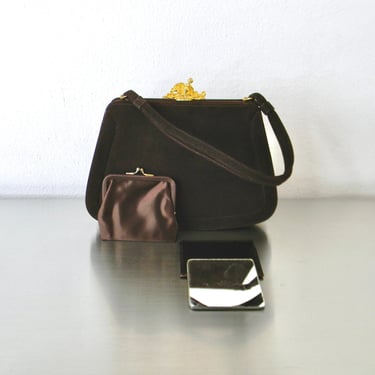 Vintage 1950s Dark Chocolate Brown Suede Bienin-Davis Handbag with Mirror & Coin Purse, Retro Ladies Bespoke Petite Handbag, Iconic Brand 