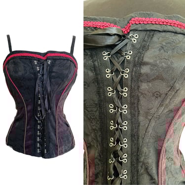 Vintage 90s Y2K 2000s Black Brocade Lace Up Corset Tank Top by Tripp NYC - size XL Extra Large 
