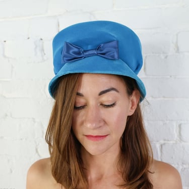 1960s Blue Velvet Hat | 60s Peacock Blue Bucket Hat | Jackie O 