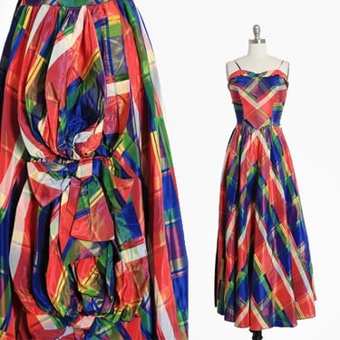 40s satin gown | Vintage 1940s Rainbow plaid satin dress 