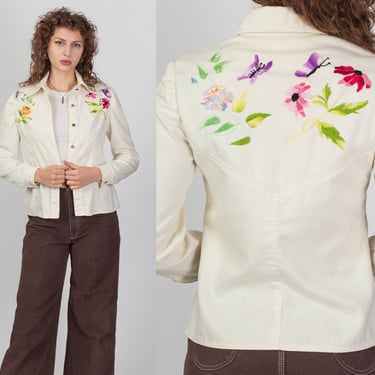 70s Embroidered Off-White Denim Look Jacket - Small | Vintage Button Up Western Style Retro Top 