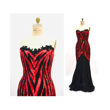 90s Vintage Red Sequin Beaded Dress Evening Gown Bob Mackie Medium// Vintage Red Black Sequin Beaded Evening Gown Dress Strapless Cher 