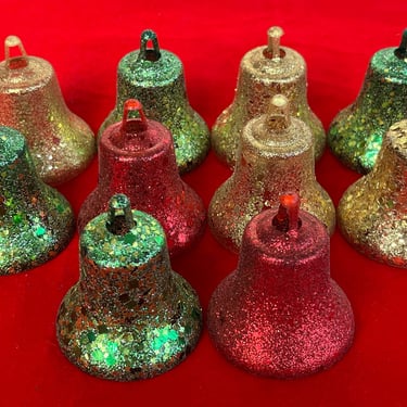 vintage glitter bell ornaments red gold and green shimmer plastic ornament lot 