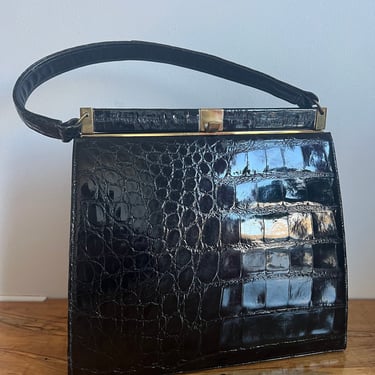 vintage 1940s classic black alligator skin bag purse w/ handle gold hardware 