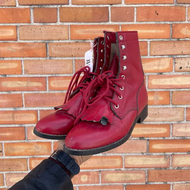 vintage 90s red faux leather lace up roper boots / w 6.5 