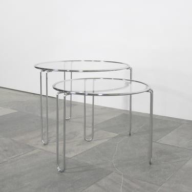 Pair of Vintage Italian Saporiti Style Postmodern Round Glass Hairpin Chrome Nesting Coffee Tables Side End Accent Minimalist Brutalist Set 