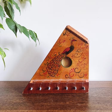 Vintage Wooden Lap Harp with Peacock 