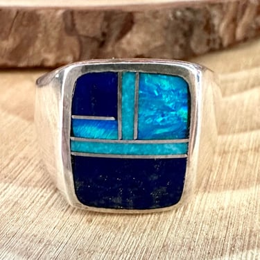 LOVE IN BLUE Multi Stone & Sterling Geometric Inlay Mens Ring | Native American Handmade Silver Lapis Jewelry Southwestern | Sizes 10, 10.5 