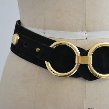 1980s Patricia Green Black Suede and Gold Metal Ring Belt 
