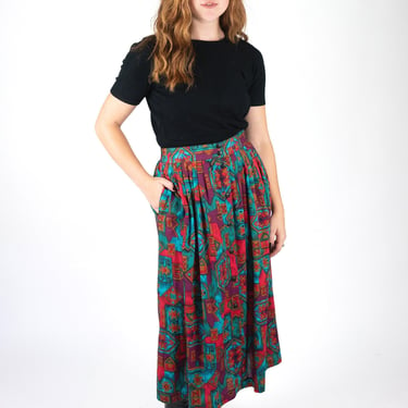 Vintage 90s Abstract Aztec Print Button-Front Skirt with Pockets by Pembroke Lane 