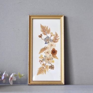 Vintage Wall Hanging Pano With Dried Flowers in Wooden Frame Country Garden Flowers 