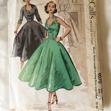 1952 McCalls 9070 Evening Dress & Jacket Vintage PATTERN Original Ballet Length Full Skirt Misses Size 14, 32
