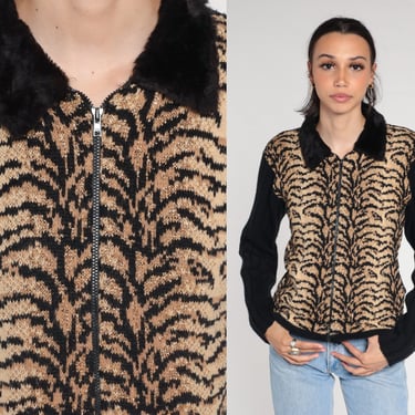 Tiger Print Cardigan Y2K Metallic Faux Fur Collar Zip Up Knit Sweater Sparkly Animal Print Glam Glittery Black Vintage 00s Acrylic Small S 