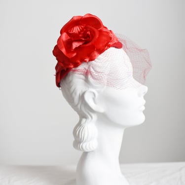 1980s Red Floral Cap with Veil 