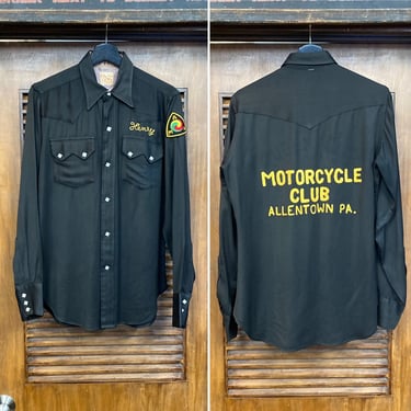 Vintage 1950’s Black Gabardine MC Club Motorcycle Rockabilly AMA Western Shirt, 50’s Vintage Clothing 