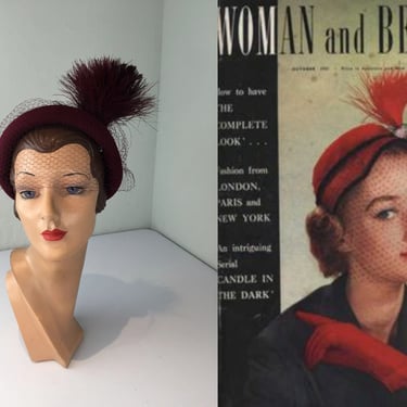 She Had Chosen It Abroad - Vintage 1940s Burgundy Red Felt Caplet w/Standing Plume & Veil 