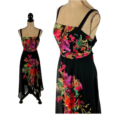 Black Floral Chiffon Dress Large XL | Sleeveless Summer Party Dress, Handkerchief Hem Romantic, Clothes for Women Vintage 90s Y2K Clothing 