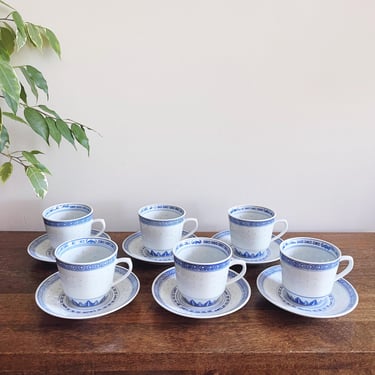 Vintage Chinese Rice Grain Blue and White Teacups - Set of 6 