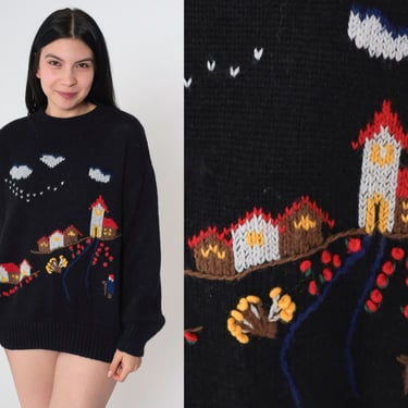 80s Lilly of California Sweater Vintage Country Village Novelty Print Black Knit House Cloud Pullover Jumper Kawaii 1980s Sweater Medium 