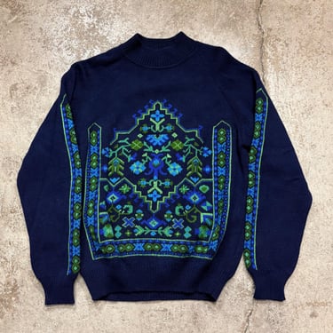 Vintage 70s Turkish Baroque Navy Wool Sweater Women’s Medium 