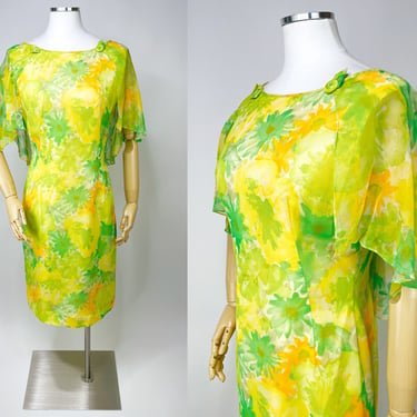 1960s Lime Green & Orange Sherbert Color Shift Dress w Sheer Shawl-Like Butterfly Shoulders Medium | Vintage, Formal, Spring, Tea Party 