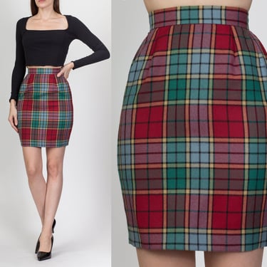 Vintage Plaid Mini Pencil Skirt - Extra Small, 22.5" | Y2K High Waist Fitted Preppy Schoolgirl Miniskirt 