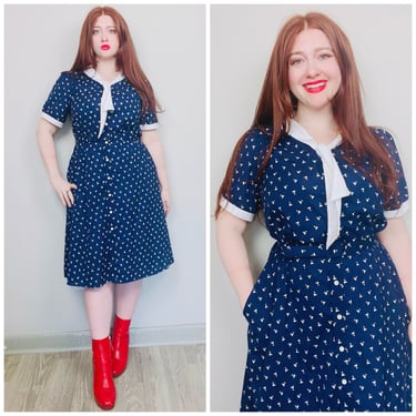 1970s Vintage JC Penney Sailboat Print Nautical Dress / 70s Navy Puffed Sleeve Bow Tie Fit and Flare Dress / Size Large 