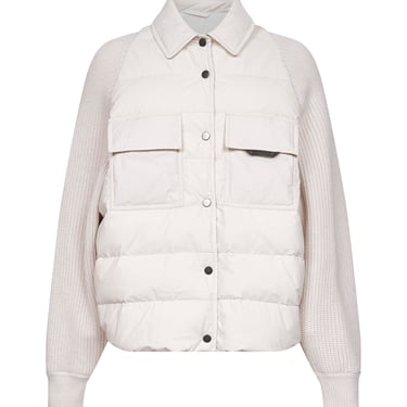 Brunello Cucinelli Women Ivory Canvas And Knit Shiny Flap Detail Down Jacket