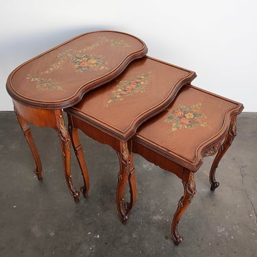 Set of 3 Early 20th Century French Louis XV Style Hand Painted Floral Nesting Tables 
