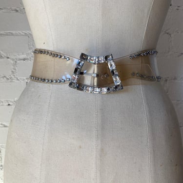 1950s clear acrylic rhinestone belt, size x small, pin up, jeweled, cinch, 24 