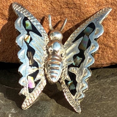 Vintage Mexico Sterling Silver and Abalone in Black Enamel Inlay Small Butterfly Pin / Brooch 