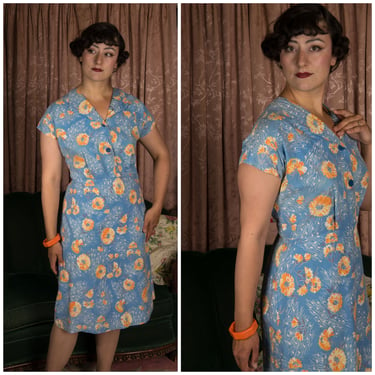 1940s Dress - Charming Late 40s/Early 50s Cotton House or Day Dress in Blue with Orange Floral Print 