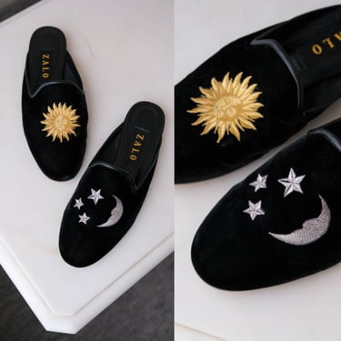 Vintage 80s ZALO Black Velvet Leather Trimmed Mule Slides w/ Embroidered Sun & Moon Design | Size 8.5 | 1980s Designer Womens Loafers Shoes 