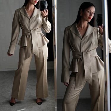 Vintage GIORGIO ARMANI Tan Golden Age of Hollywood Style Crop Belted Jacket & Wide Leg Suit | Made in Italy | Y2K ARMANI Designer Pant Set 