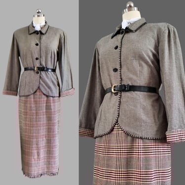 1990s Jacket and Skirt Set - Houndstooth and Plaid - 90s Dress - 90s Women's Vintage Size Medium/Large 