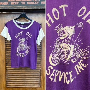 Vintage 1960’s Original Hot Oil Service Motorcycle Durene Flocked Jersey T-Shirt, Skull, 60’s Tee Shirt, Vintage Clothing 