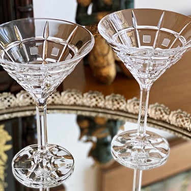 Pair of Waterford Quadrata Crystal Martini Glasses. Modern Marquis Cut Glass Cocktail Stemware. 