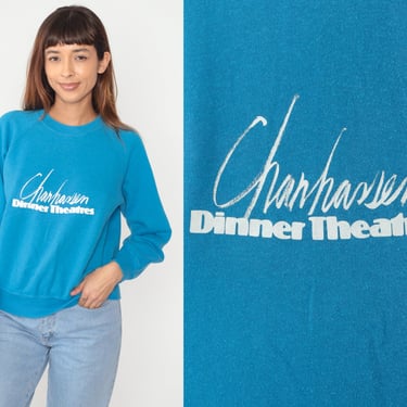 Chanhassen Dinner Theatres Sweatshirt 80s Musical Theater Sweater Restaurant Cabaret Graphic Shirt Raglan Sleeve Blue Vintage 1980s Medium M 
