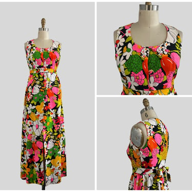 FLOWER POWER Vintage 60s Dress | 1960s Psychedelic Fluorescent Hawaiian Floral Print | Tiki Maxi Dress | Size Small 